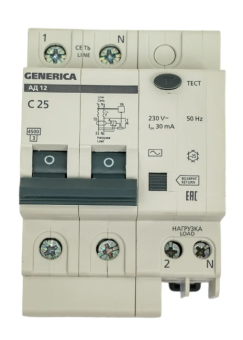 Автоматический выключатель дифференциального тока 2п 25А  30мА АД12 GENERICA
