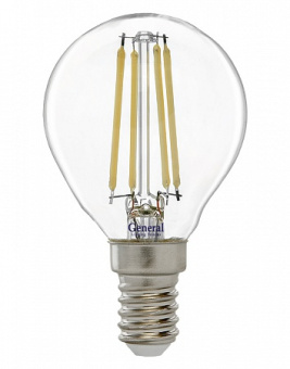 Лампа светодиодная филамент ШАР мини  8Вт E14 6500К 660Лм 230В GLDEN-G45S-8-230-E14-6500 прозрачный GENERAL 