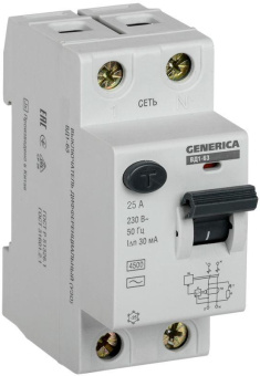 Автоматический выключатель дифференциального тока (УЗО) 2п 25А  30мА тип AC ВД1-63 GENERICA
