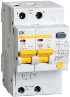 Выключатель автоматический дифференциального тока 2п C 25А 30мА тип AC 4.5кА АД-12 IEK